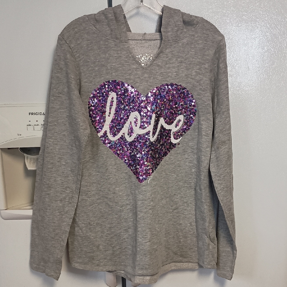 Justice Gray Long Sleeve Hoodie w\ Purple Sequin Heart  EUC Girls Plus Size 20